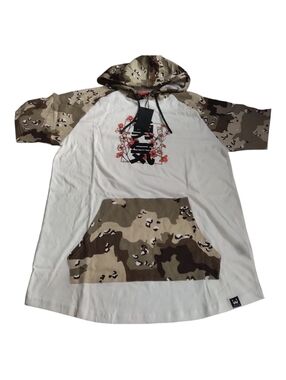 WXYZ Men's White Hoodie T Shirt with Tan Camo Accents Size L New